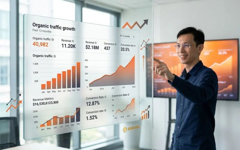 SEO performance dashboard showing traffic and revenue growth
